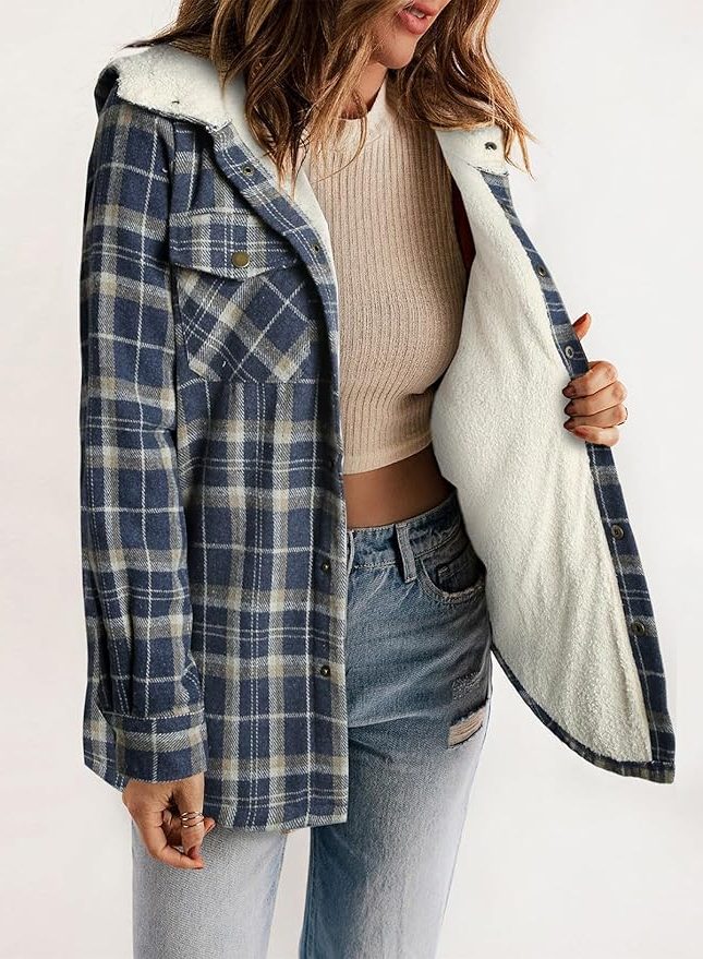 Plaid Flannel Shirt Jacket with Sherpa Collar for Women - Noble Navy