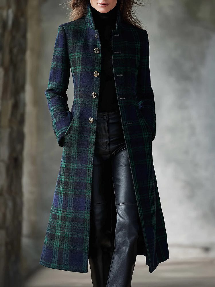 Plaid Midi Coat with Button Front for Women