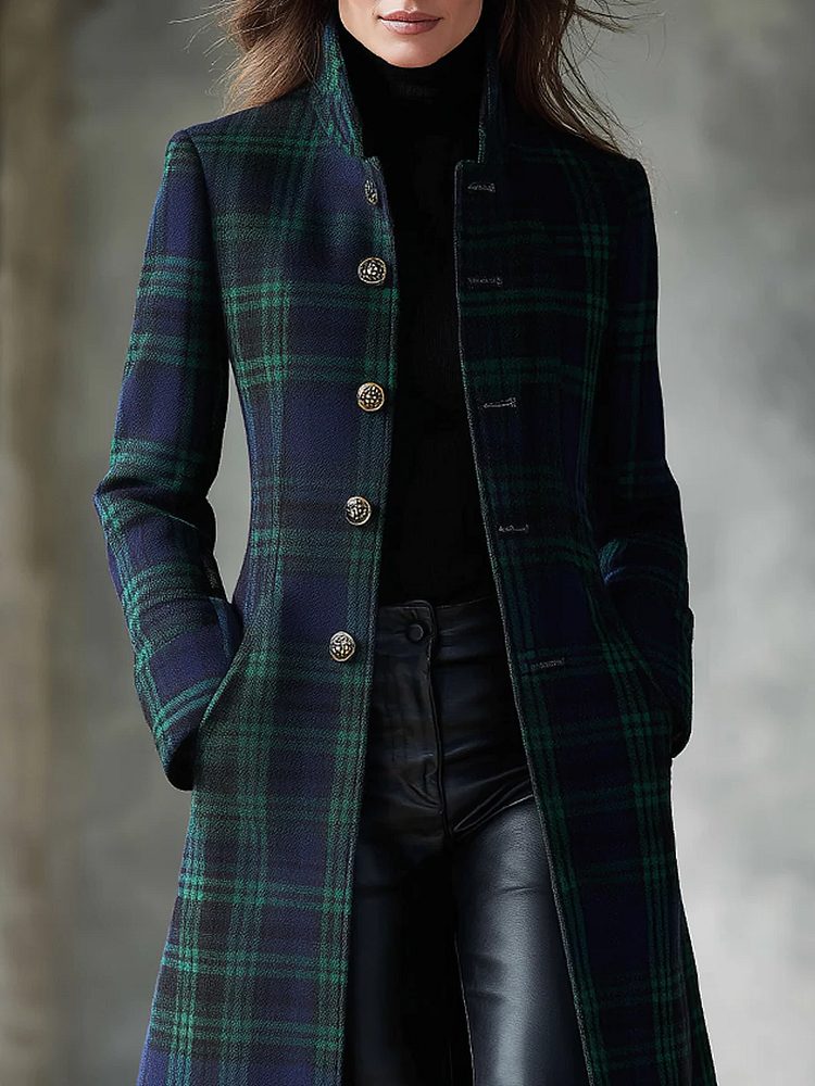 Plaid Midi Coat with Button Front for Women - View 2