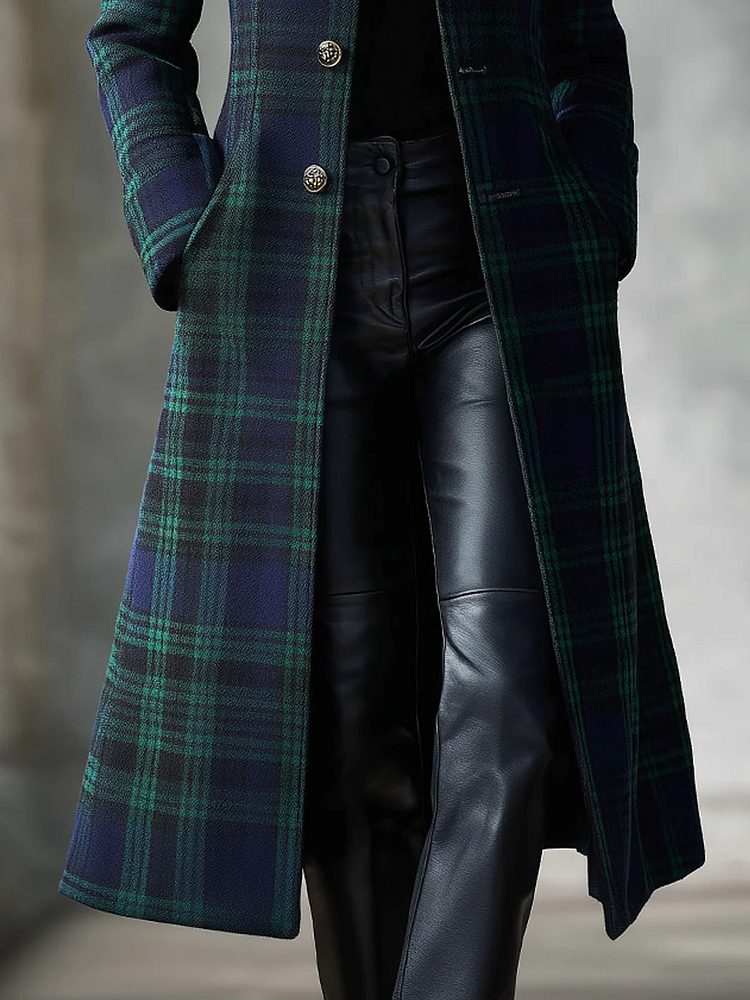 Plaid Midi Coat with Button Front for Women - View 3