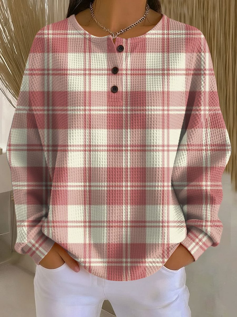 Plaid Ribbed Knit Button-Up sweater for Women