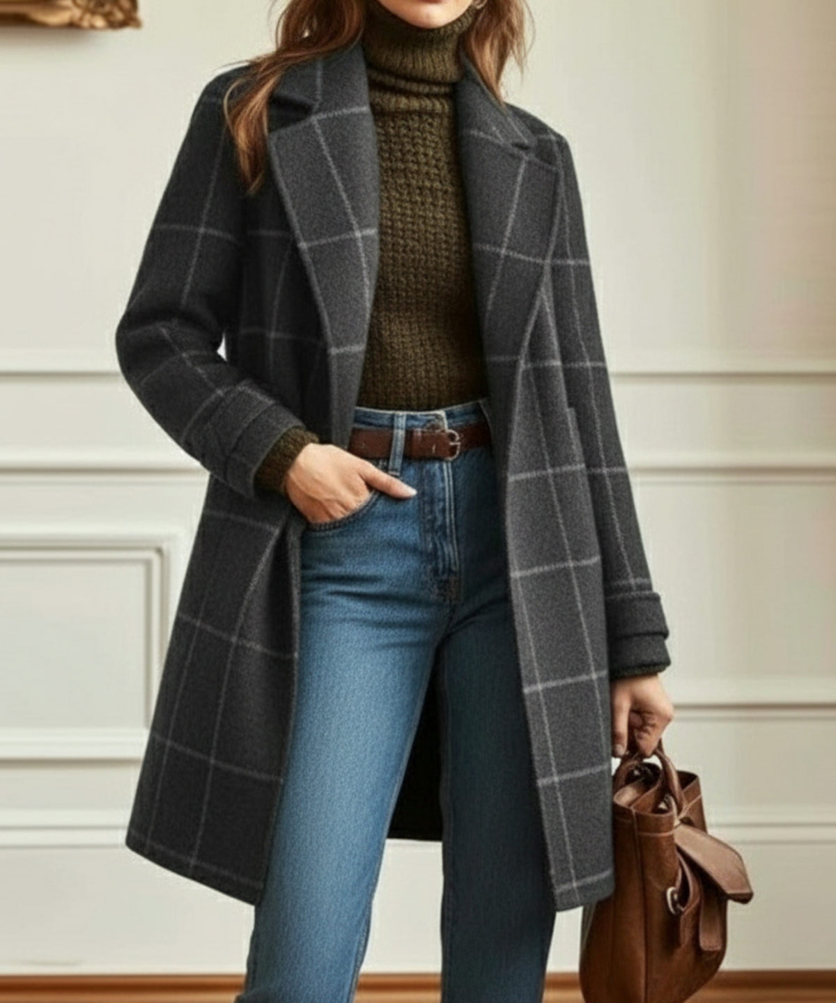 Plaid Wool Coat for Women - Grey