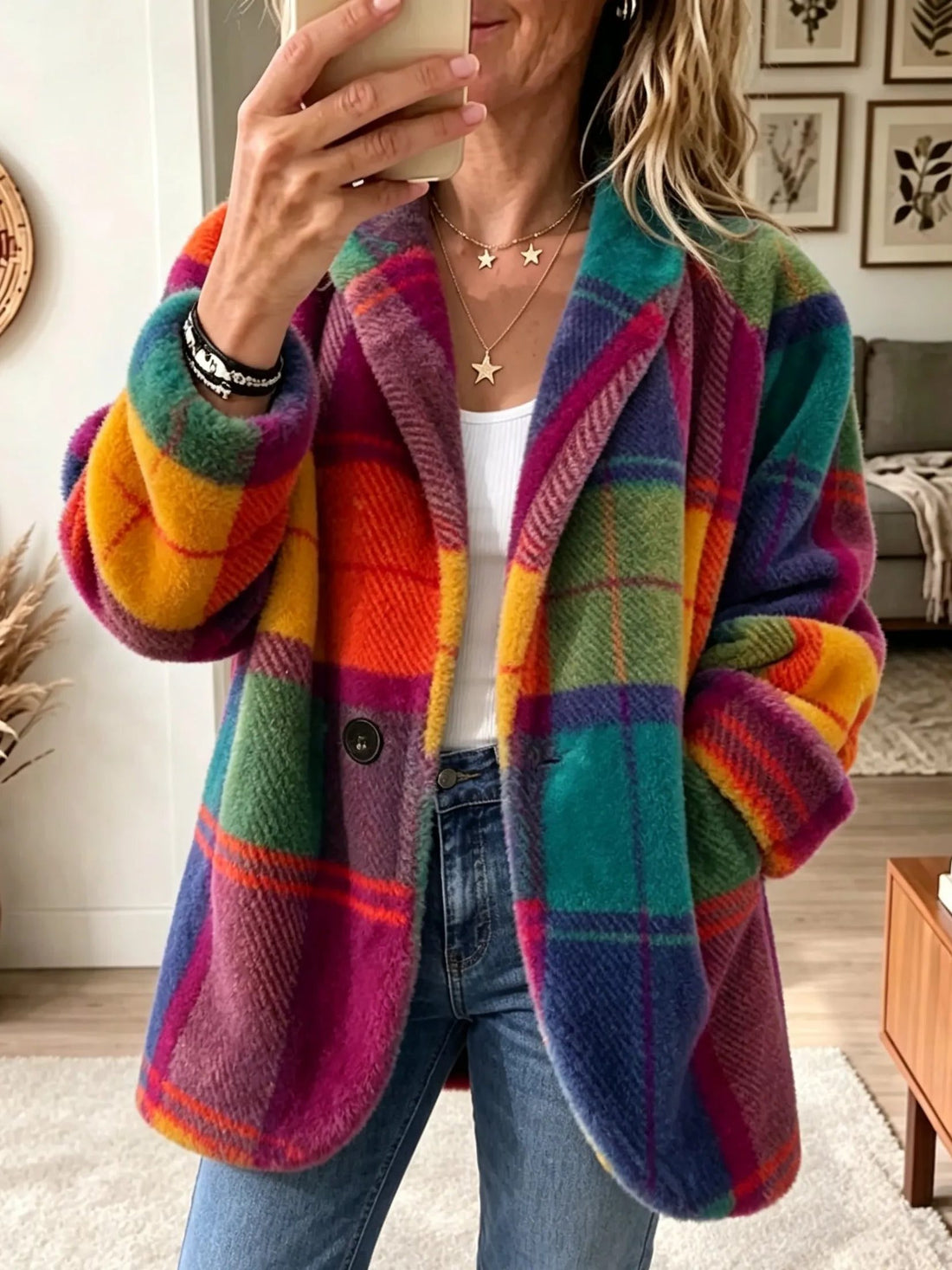 Plaid Wool Long Sleeve Blazer with Pockets for Women