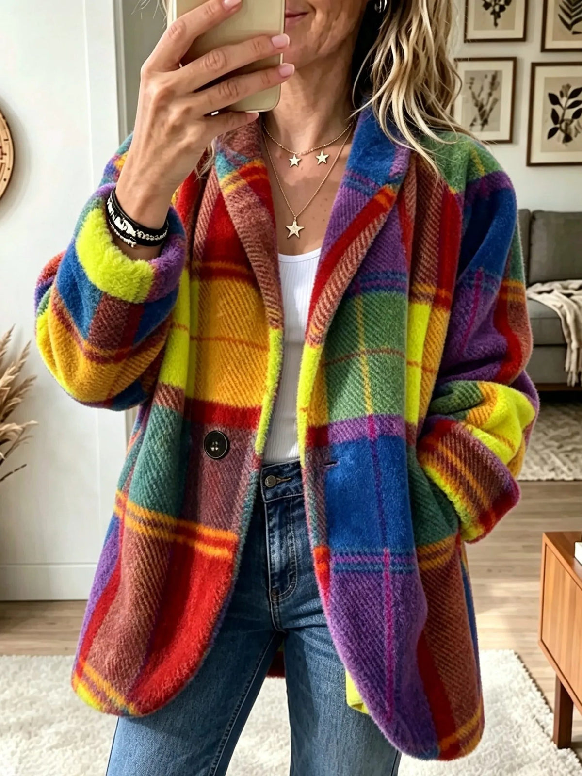 Plaid Wool Long Sleeve Blazer with Pockets for Women - Sun