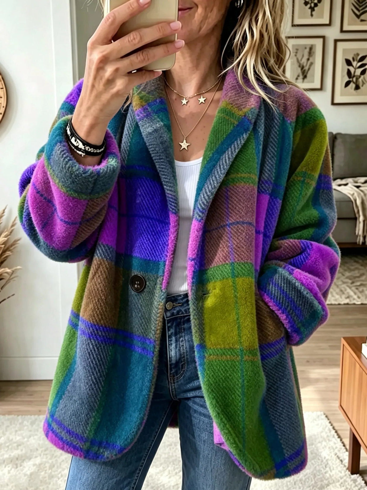 Plaid Wool Long Sleeve Blazer with Pockets for Women - Neptune