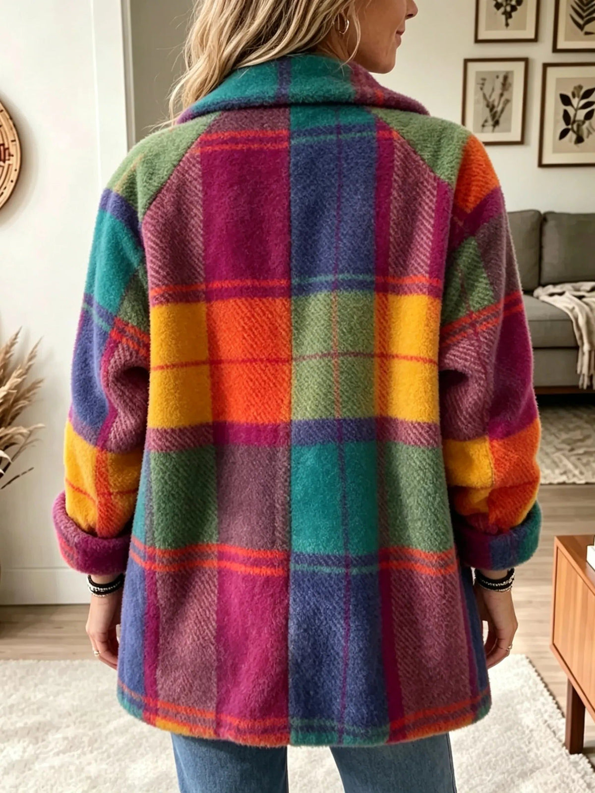 Plaid Wool Long Sleeve Blazer with Pockets for Women - View 4