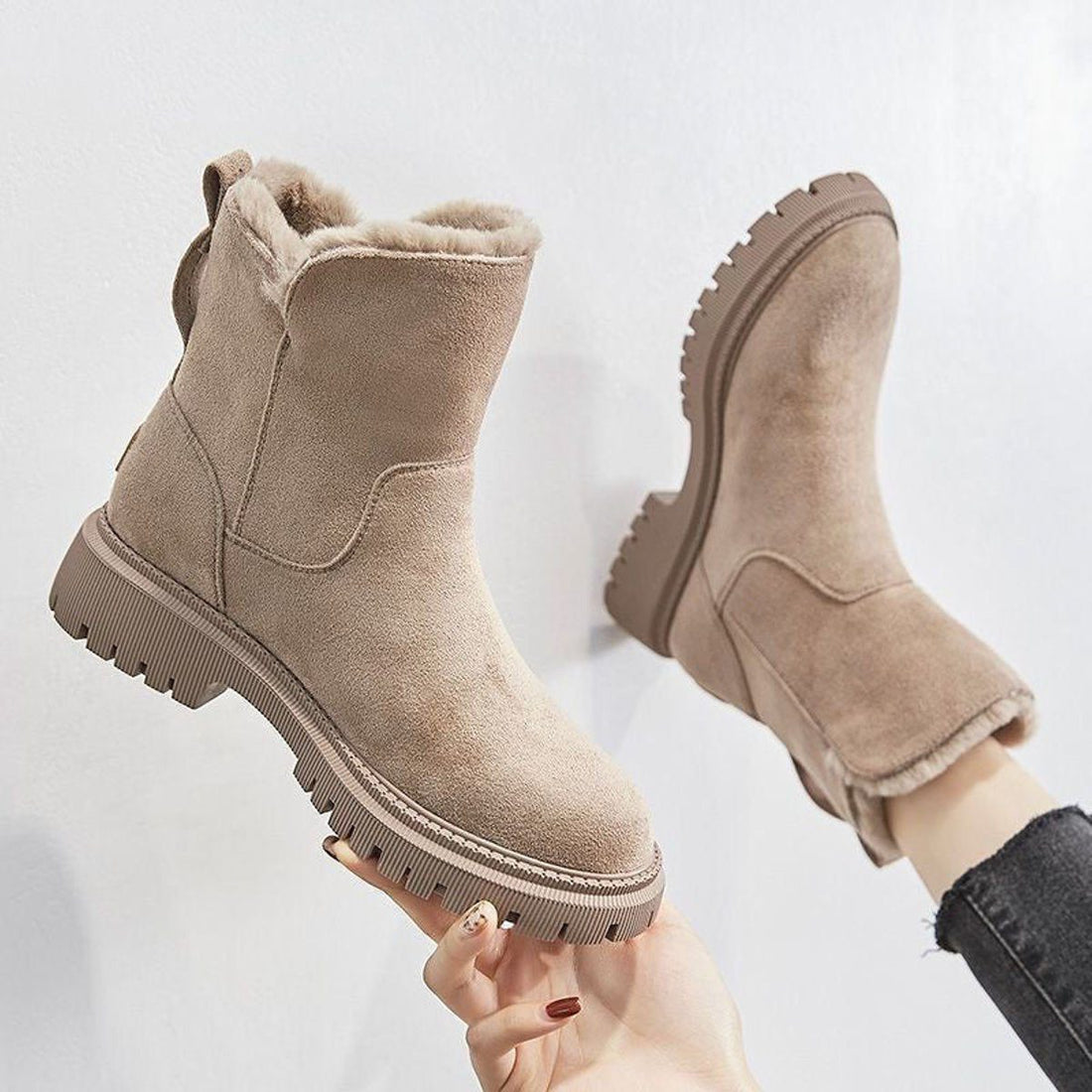 Platform Fleece-Lined Suede Slip-On Ankle Boots for Women