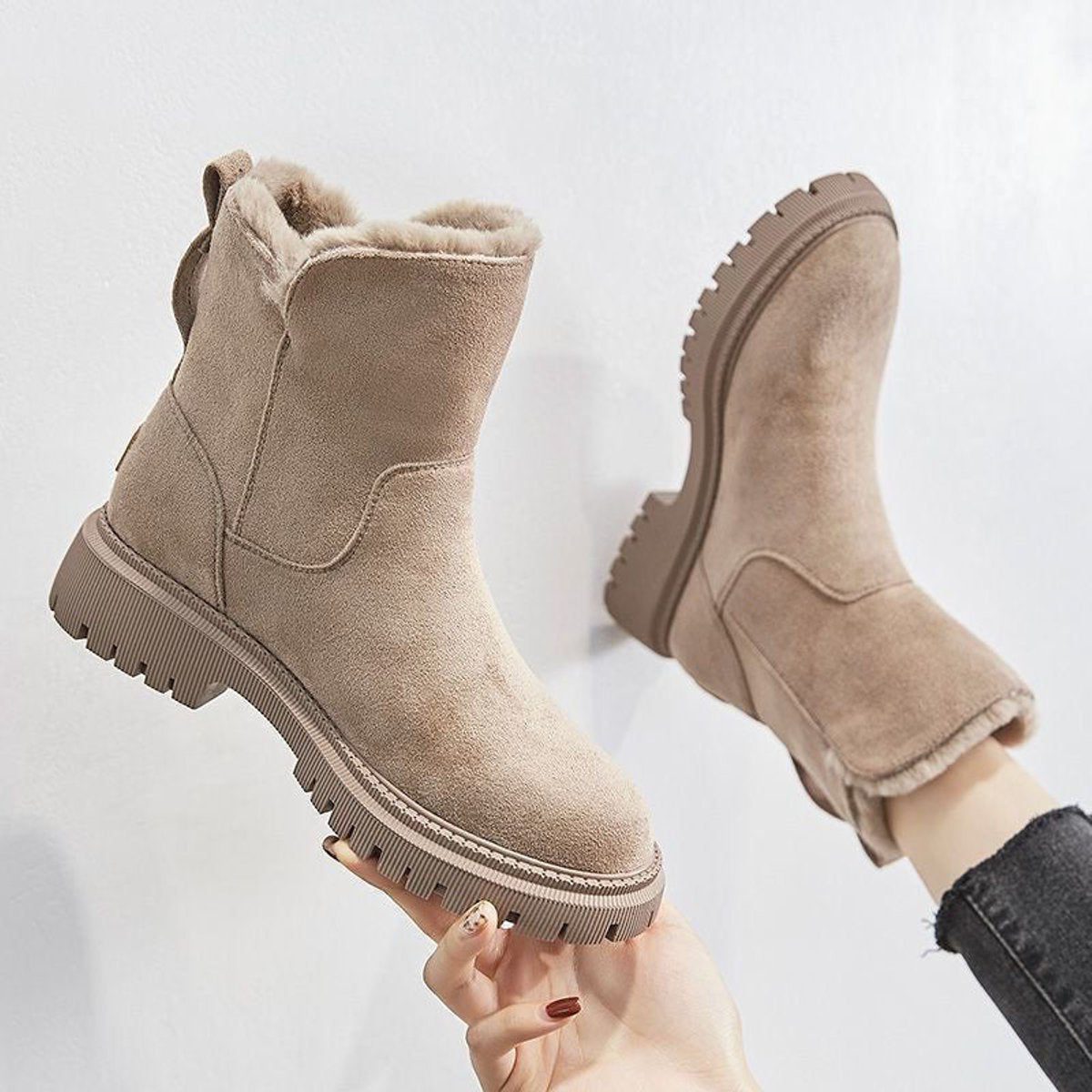 Platform Fleece-Lined Suede Slip-On Ankle Boots for Women