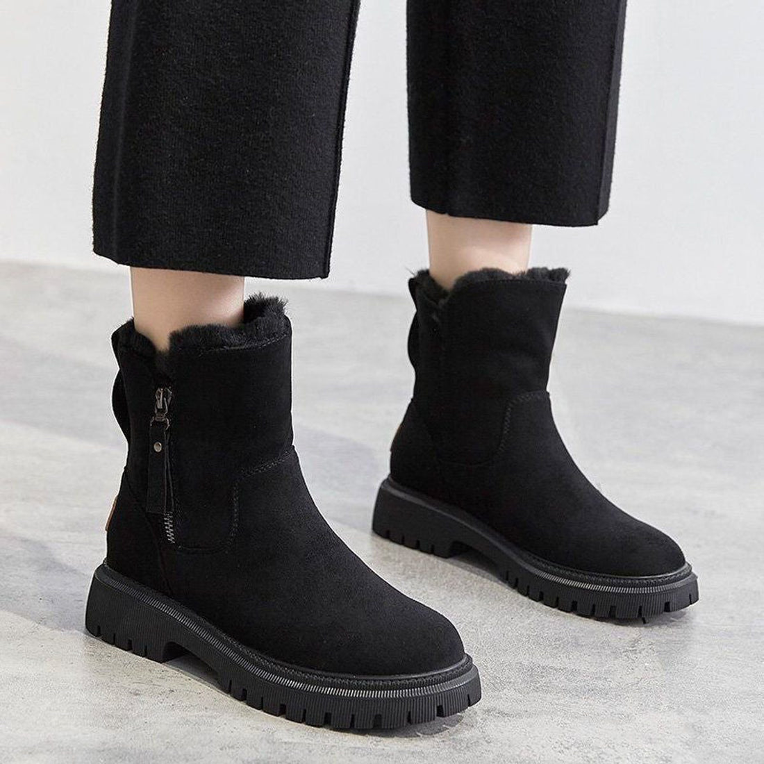 Platform Fleece-Lined Suede Slip-On Ankle Boots for Women