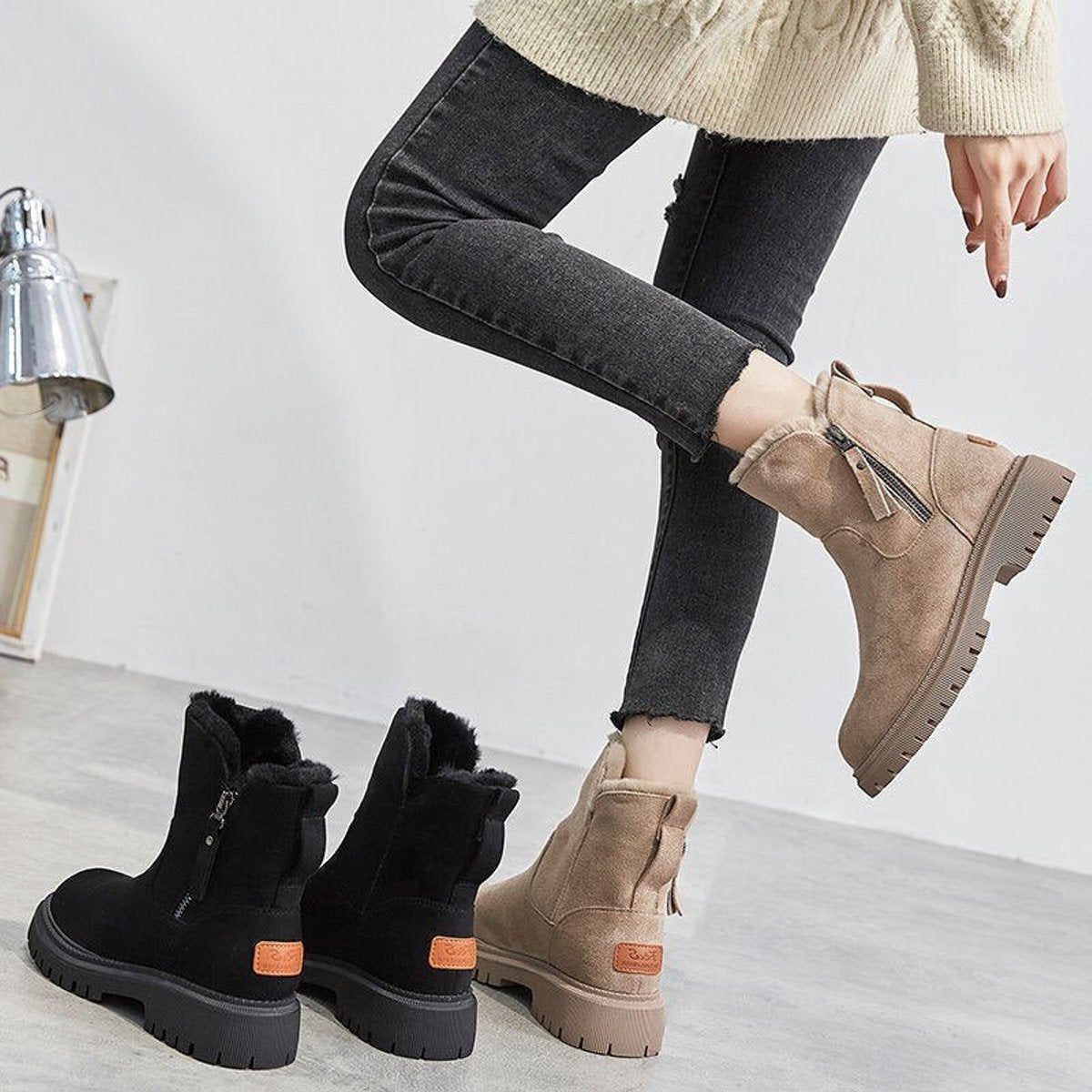 Platform Fleece-Lined Suede Slip-On Ankle Boots for Women - View 3