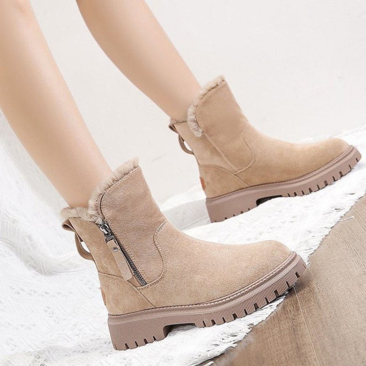Platform Fleece-Lined Suede Slip-On Ankle Boots for Women - View 4