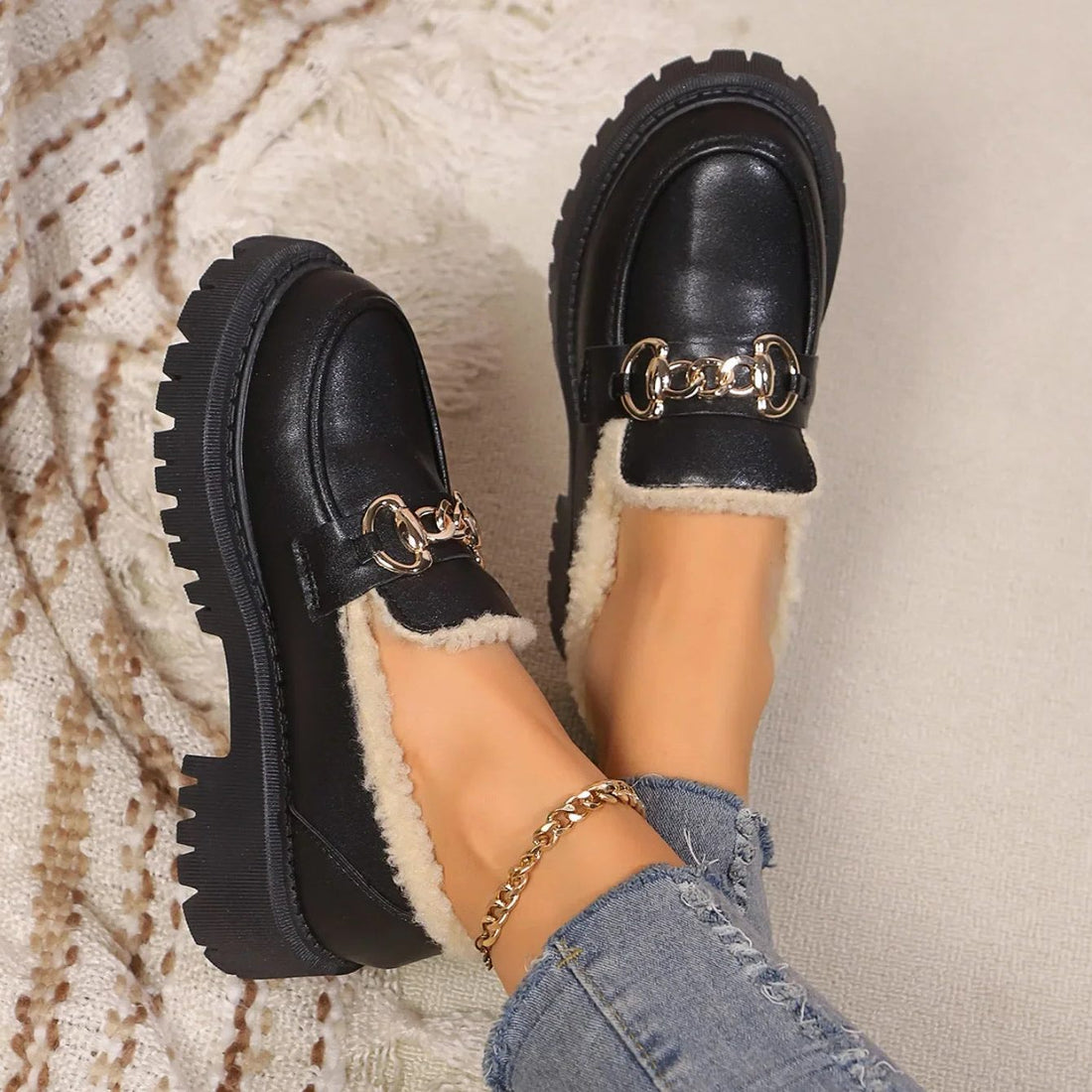 Platform Loafers with Fleece Lining for Women