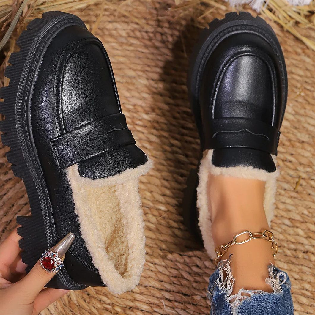 Platform Loafers with Fleece Lining for Women - Black