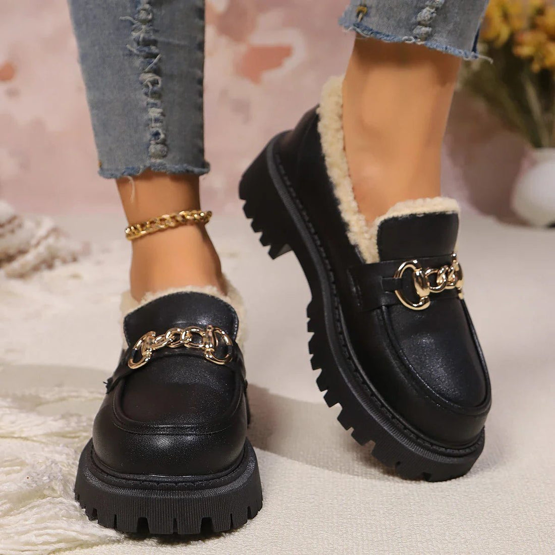 Platform Loafers with Fleece Lining for Women