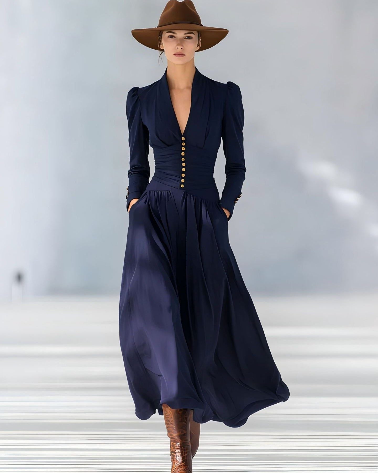 Pleated Midi Shirt Dress for Women - Navy Blue