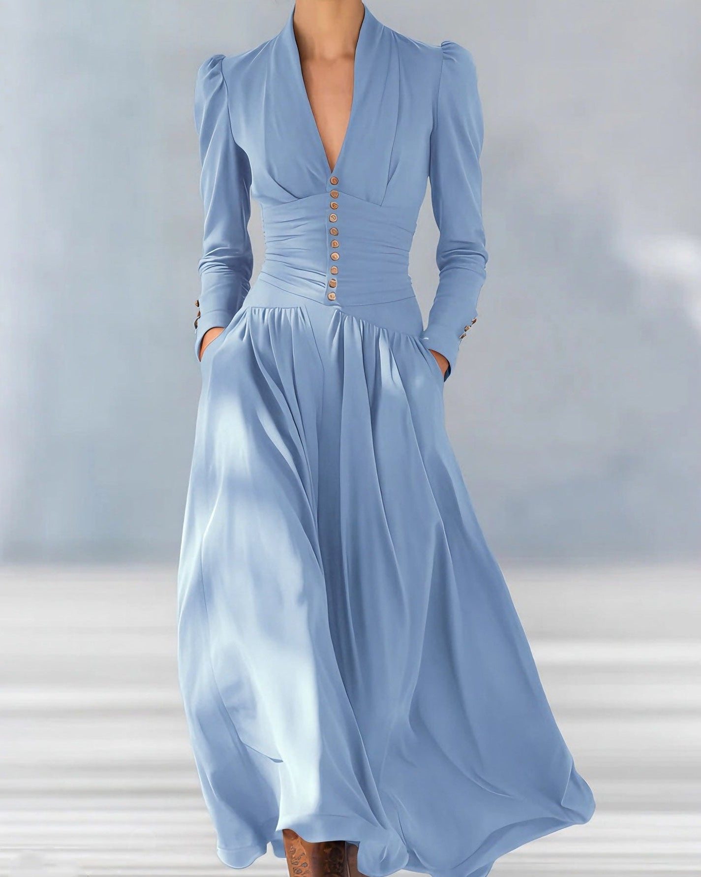 Pleated Midi Shirt Dress for Women - Sky Blue