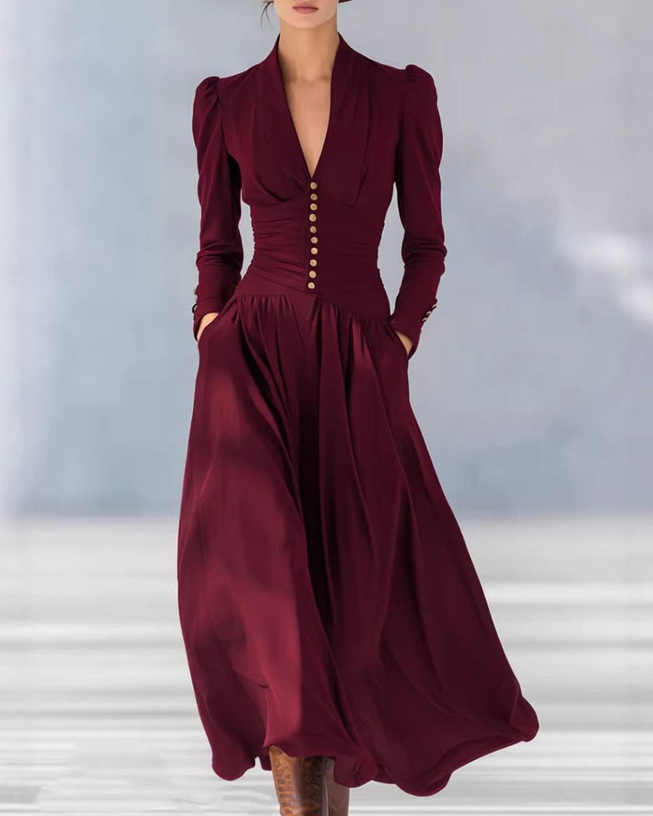 Pleated Midi Shirt Dress for Women - Wine Red