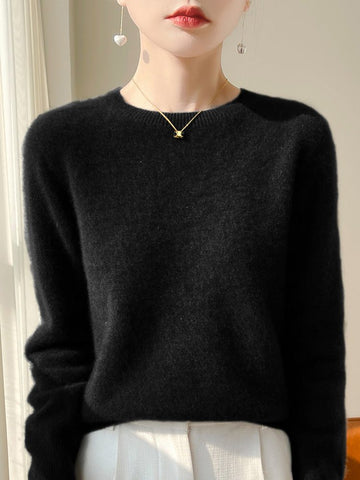 Plush Mohair Crew Neck Sweater for Women - Black