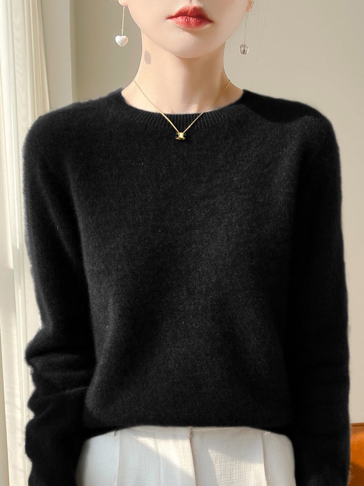 Plush Mohair Crew Neck Sweater for Women - Black