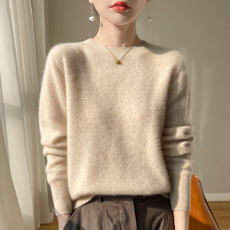 Plush Mohair Crew Neck Sweater for Women - Beige