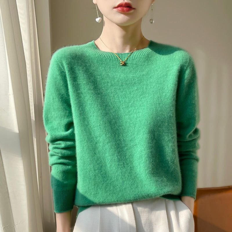 Plush Mohair Crew Neck Sweater for Women - Fresh Green