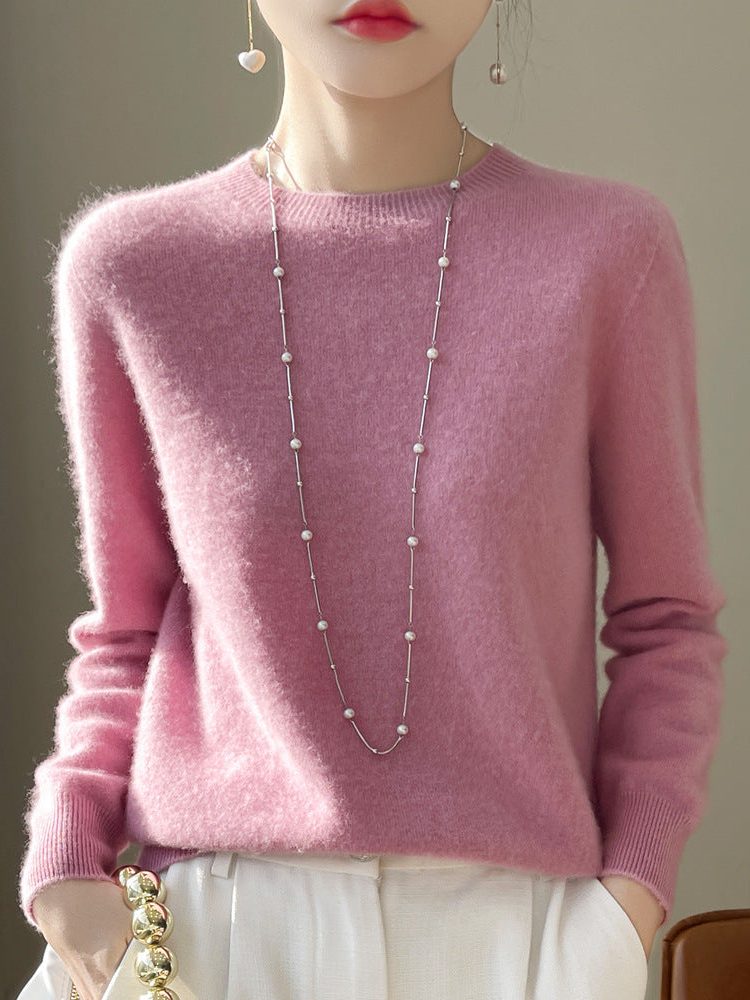 Plush Mohair Crew Neck Sweater for Women - Peach Pink