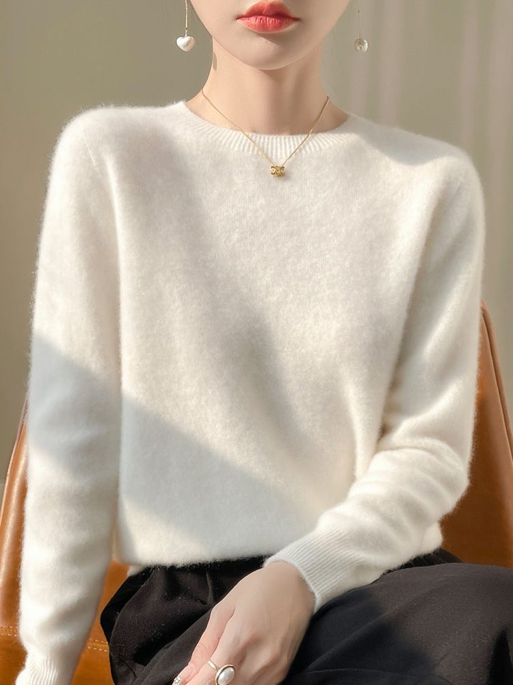 Plush Mohair Crew Neck Sweater for Women - White