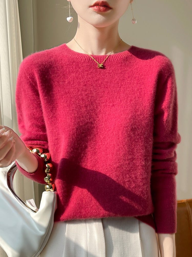 Plush Mohair Crew Neck Sweater for Women - Raspberry Red