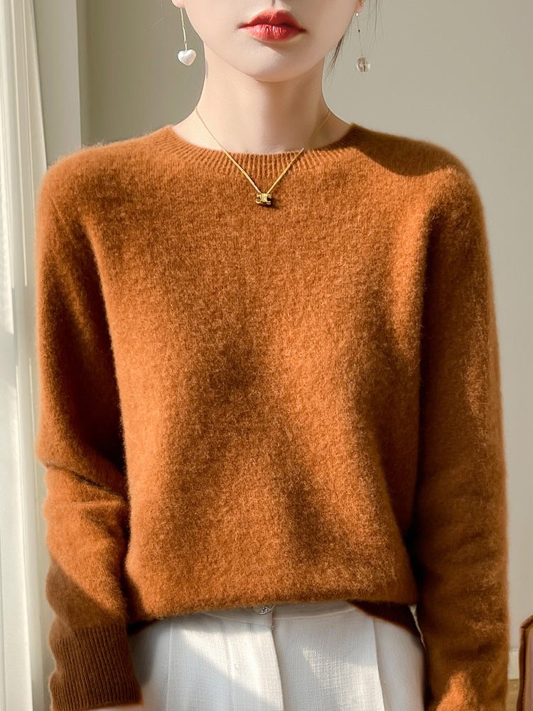 Plush Mohair Crew Neck Sweater for Women - Caramel