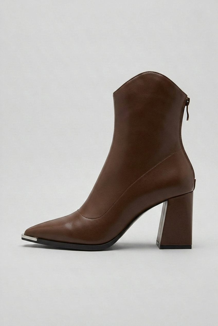 Pointed Toe Block Heel Ankle Boots with Side Zip for Women - Brown