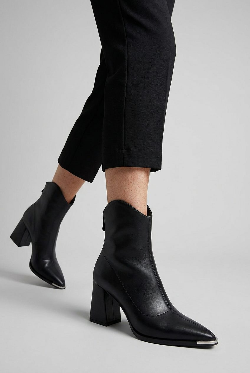 Pointed Toe Block Heel Ankle Boots with Side Zip for Women