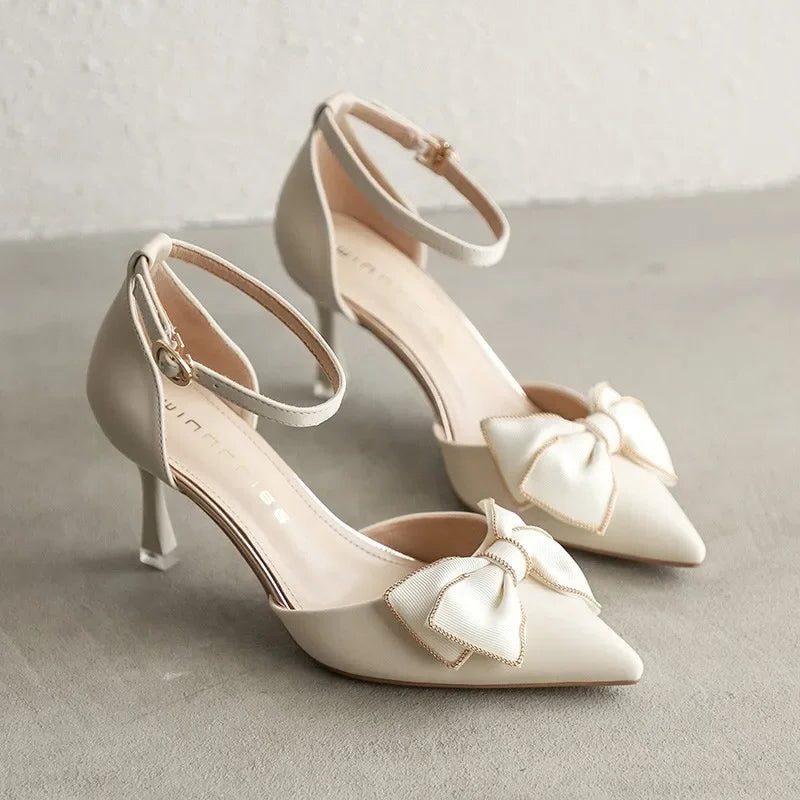 Pointed Toe Bow Ankle Strap Kitten Heels for Women