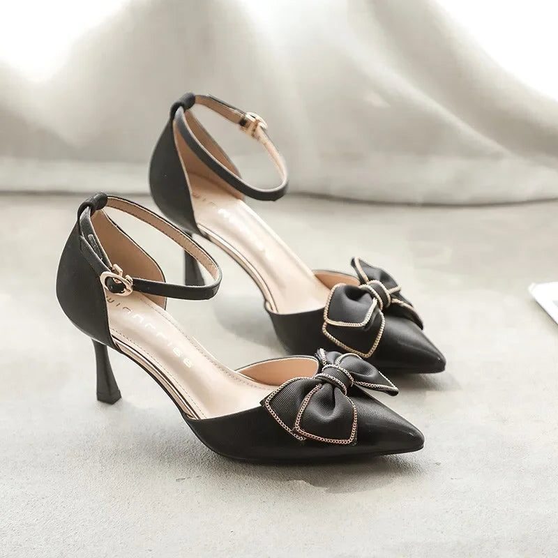 Pointed Toe Bow Ankle Strap Kitten Heels for Women - Black
