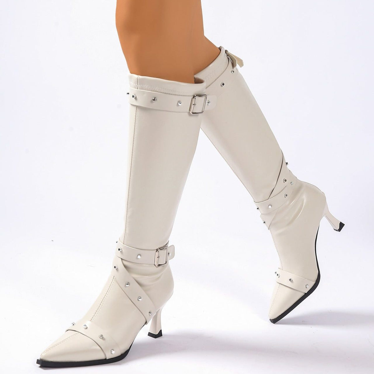 Studded Heeled Knee-High Boots with Pointed Toe for Women