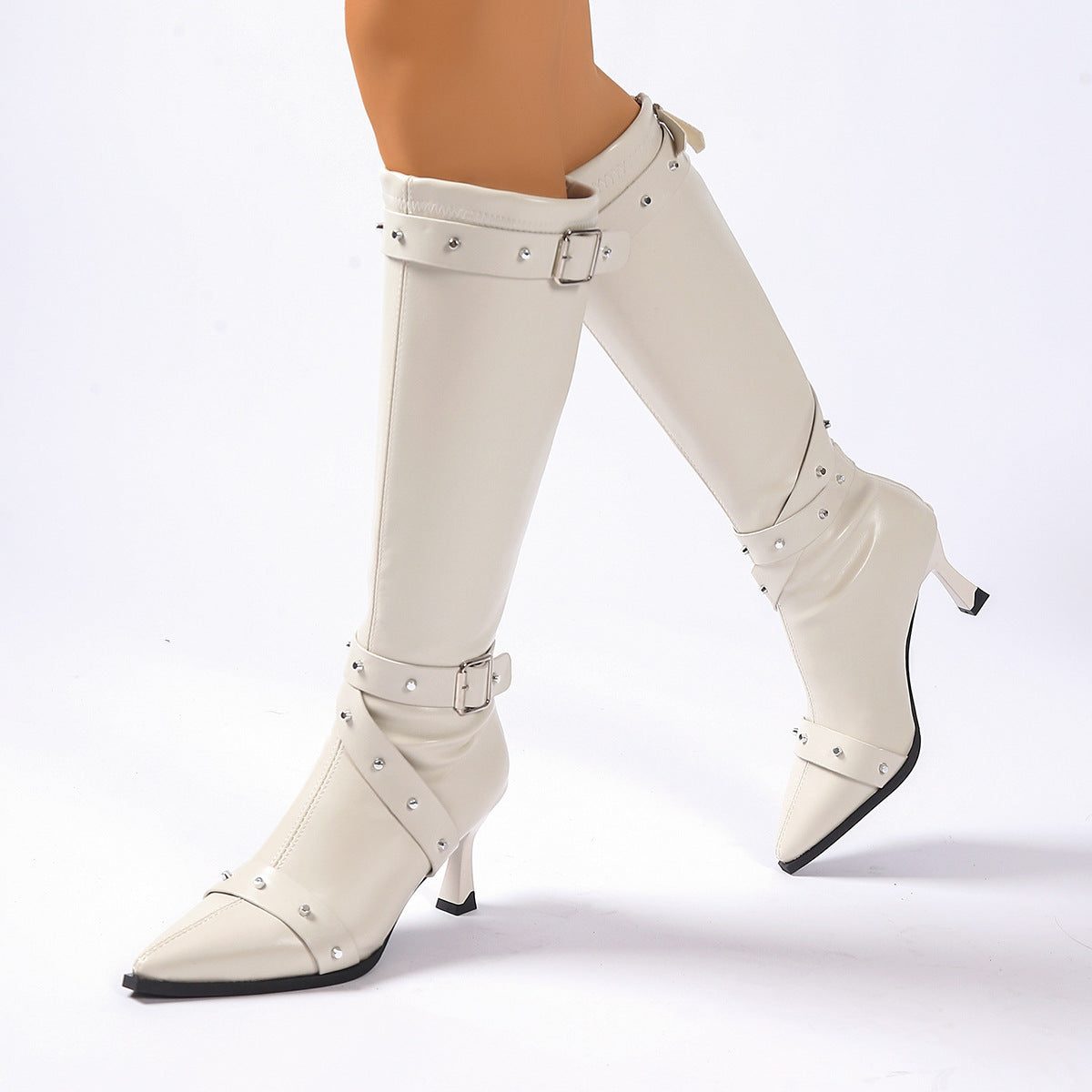Studded Heeled Knee-High Boots with Pointed Toe for Women