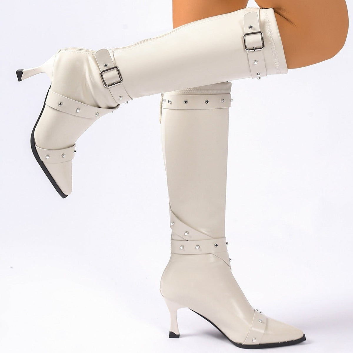 Studded Heeled Knee-High Boots with Pointed Toe for Women