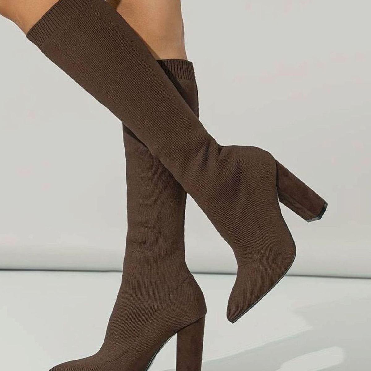 Pointed Toe Knee-High Sock Boots with Block Heel for Women - View 10