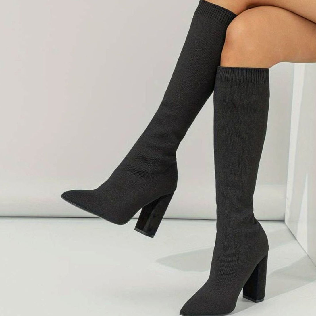 Pointed Toe Knee-High Sock Boots with Block Heel for Women