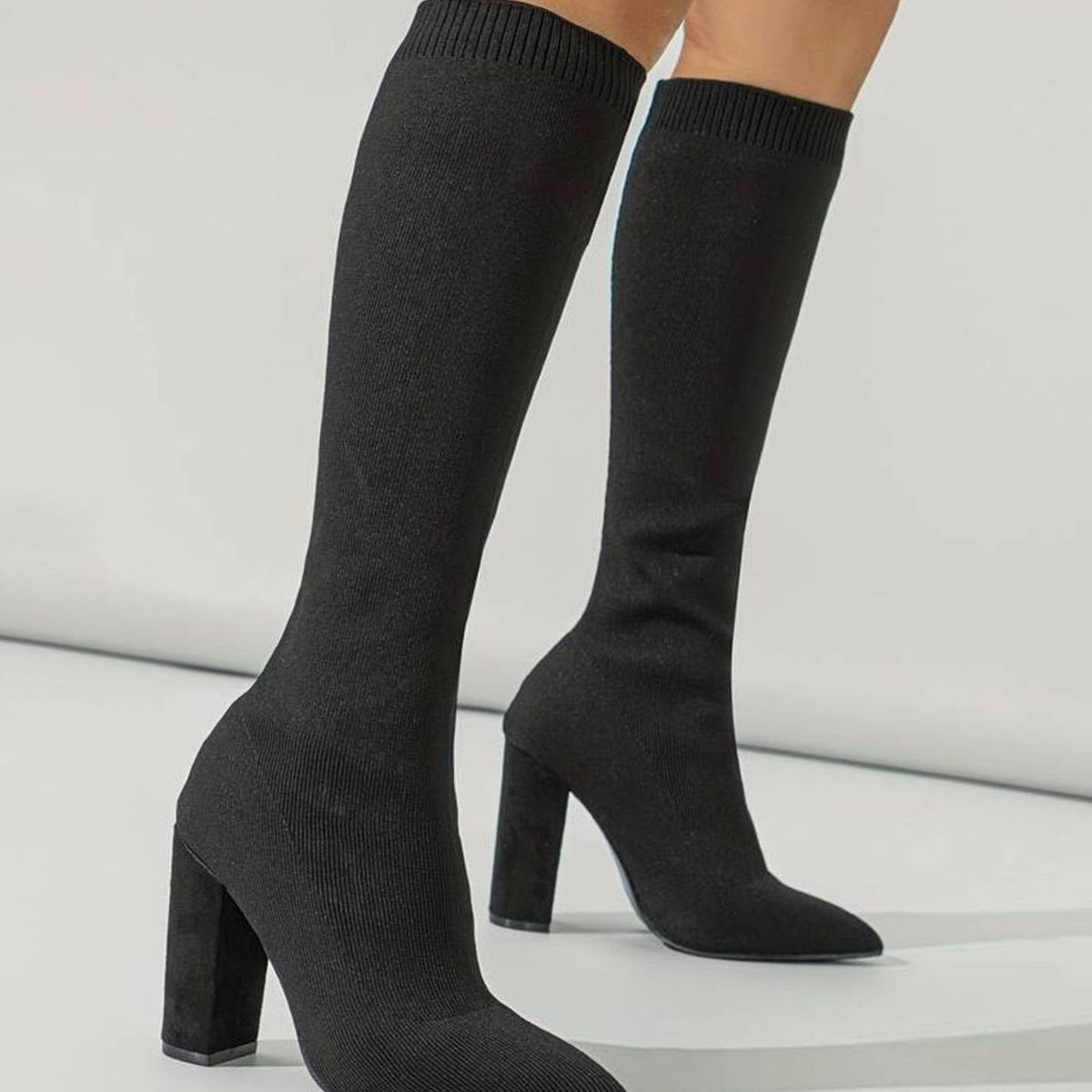 Pointed Toe Knee-High Sock Boots with Block Heel for Women - View 4