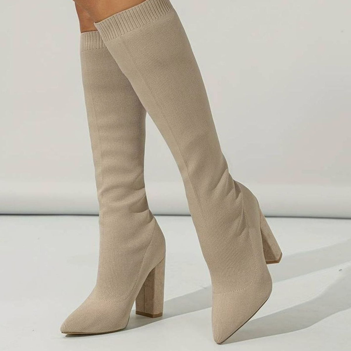 Pointed Toe Knee-High Sock Boots with Block Heel for Women - View 8