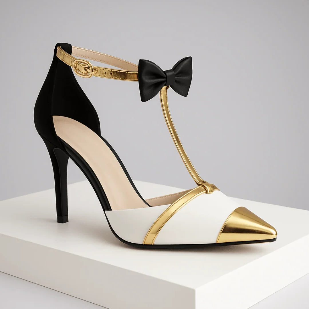 Pointed Toe T-Strap Heels with Bow Detail for Women - Ivory