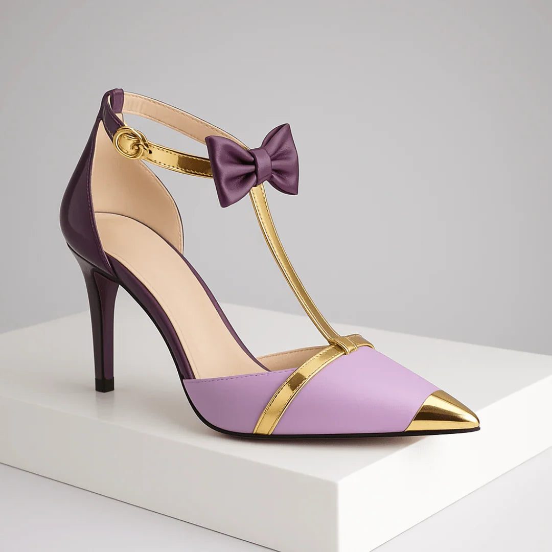 Pointed Toe T-Strap Heels with Bow Detail for Women - Lavender