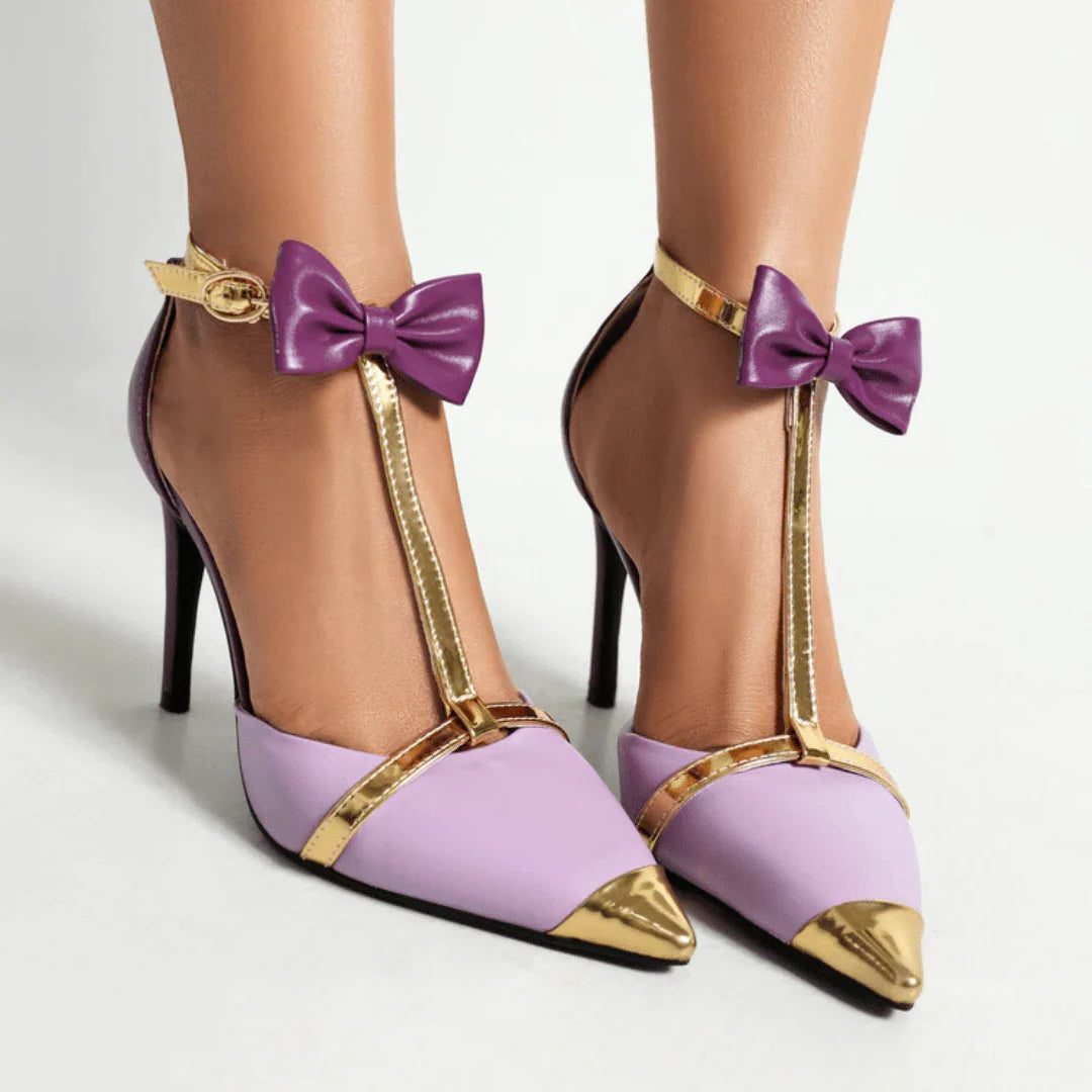 Pointed Toe T-Strap Heels with Bow Detail for Women - View 7