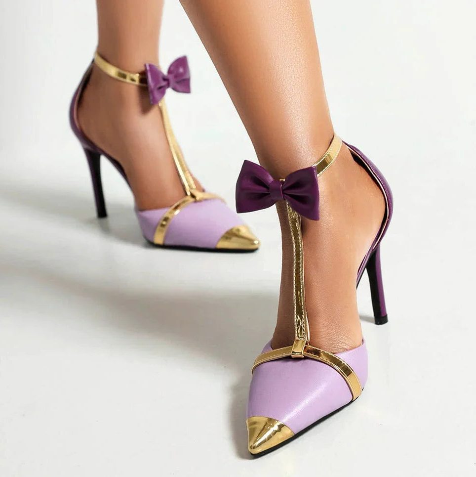 Pointed Toe T-Strap Heels with Bow Detail for Women - View 9