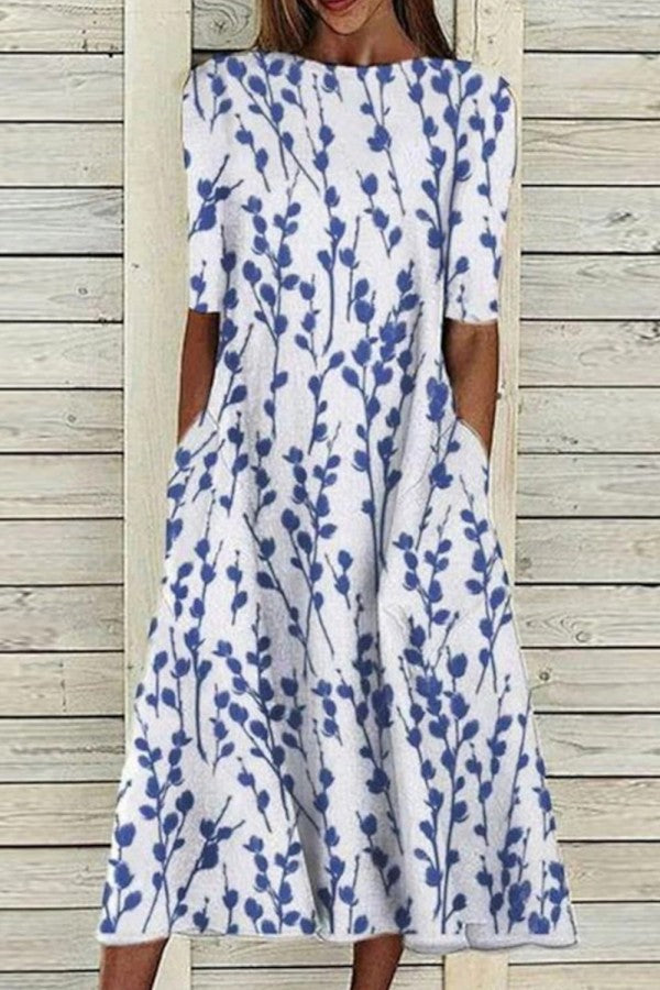 Crew Neck Half Sleeve Floral Midi Dress for Women