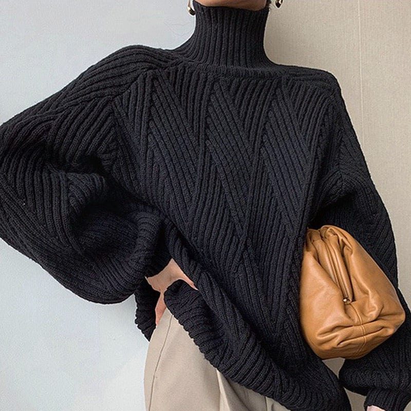Puff Sleeve Ribbed Knit Turtleneck Sweater for Women