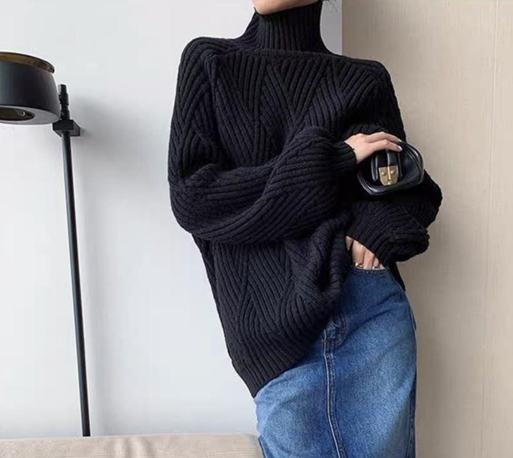 Puff Sleeve Ribbed Knit Turtleneck Sweater for Women - View 2