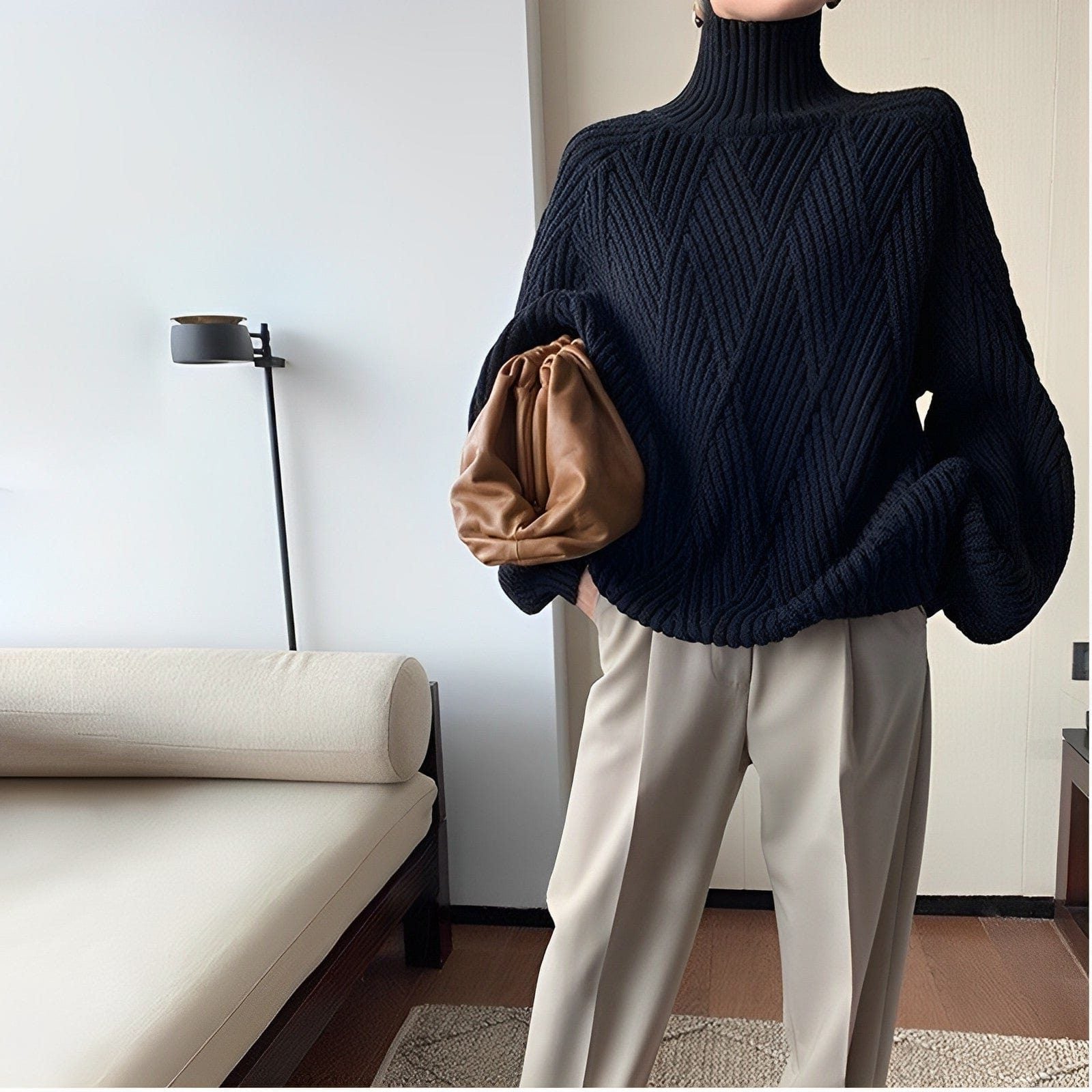 Puff Sleeve Ribbed Knit Turtleneck Sweater for Women - View 3