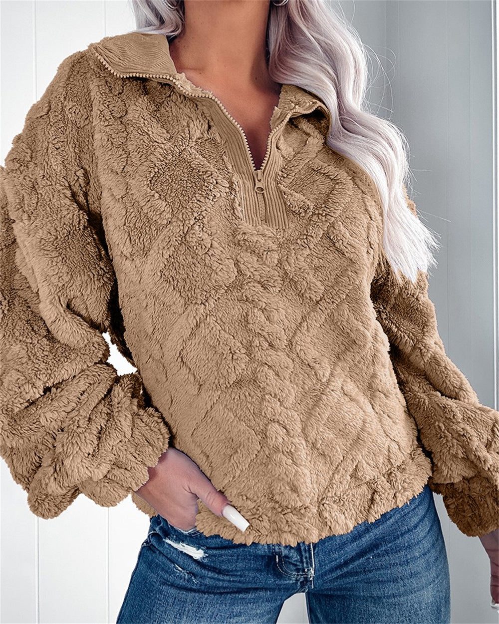 Quarter-Zip Stand Collar Fleece Pullover for Women