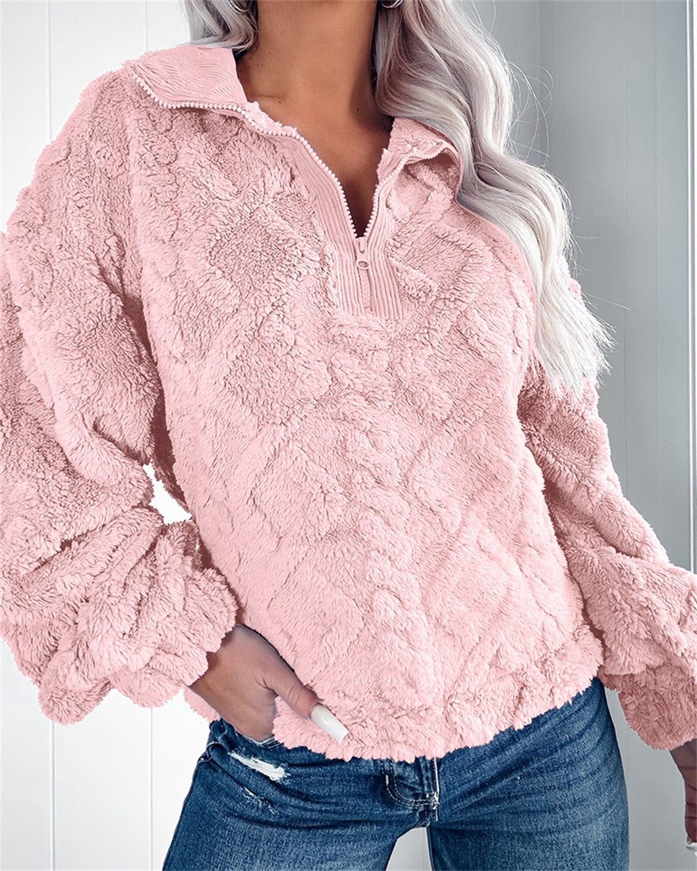 Quarter-Zip Stand Collar Fleece Pullover for Women - Pink